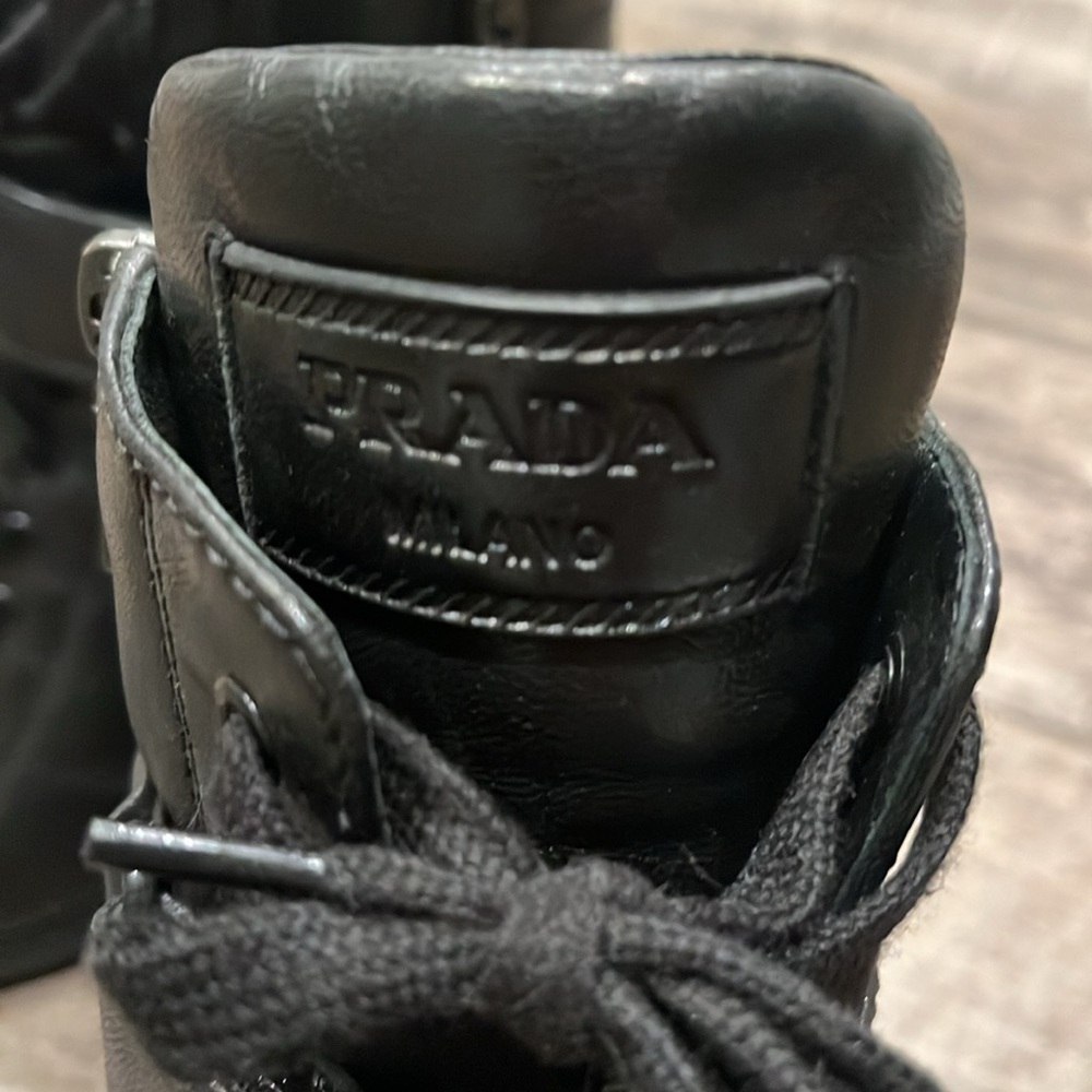 PRADA Combat Heeled Boots Zippers Black Leather Lace Up 37 - Picture 4 of 8